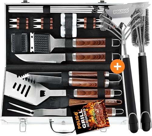POLIGO Juego de 22 accesorios para parrilla de barbacoa en estuche de aluminio con 2 tipos diferentes, cepillo seguro y raspador para todas las