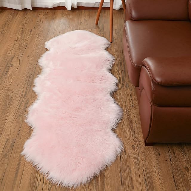 Faux Sheepskin Rugs , Soft Fluffy Faux Chair Cover Hairy Washable Carpet Non Slip Mats for Chair Bed Sofa Floor with Extra Long Wool (Pink, 60x160cm)