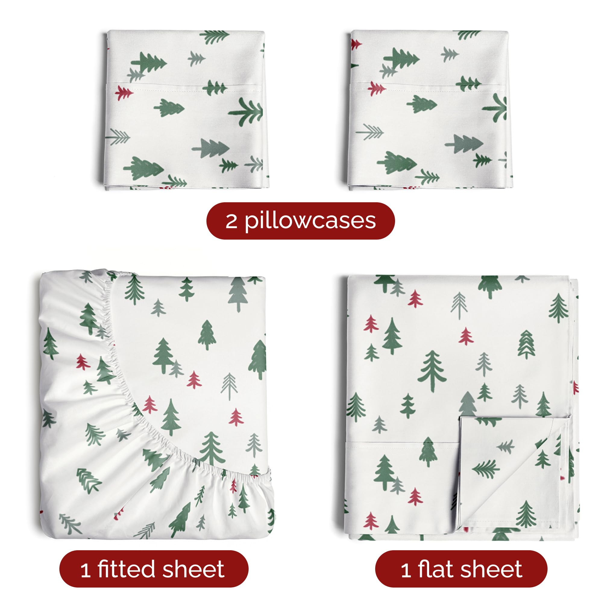 Juego sábanas navideñas 4 piezas, esquinas tipo bolsillo profundo y ajuste ceñido, no se arruga, cómodo y fresco para invierno, fácil de cuidar, diseño festivo árbol navideño, infantil, Queen 2
