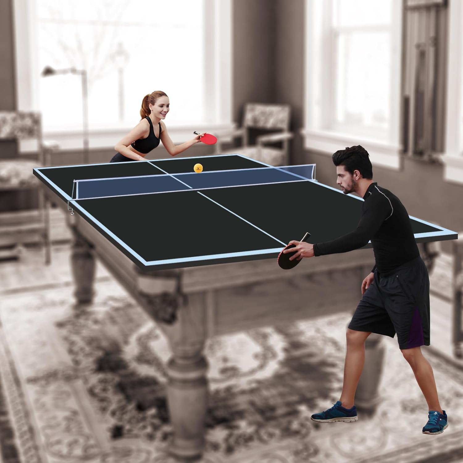 Foldable Ping Pong Table Top for Billiard Table, 6FT/7FT/8FT/9FT Table Tennis Table Topper for Pool Table, Indoor Outdoor Portable Table Tennis Conversion Top w/Net & Foam Padding