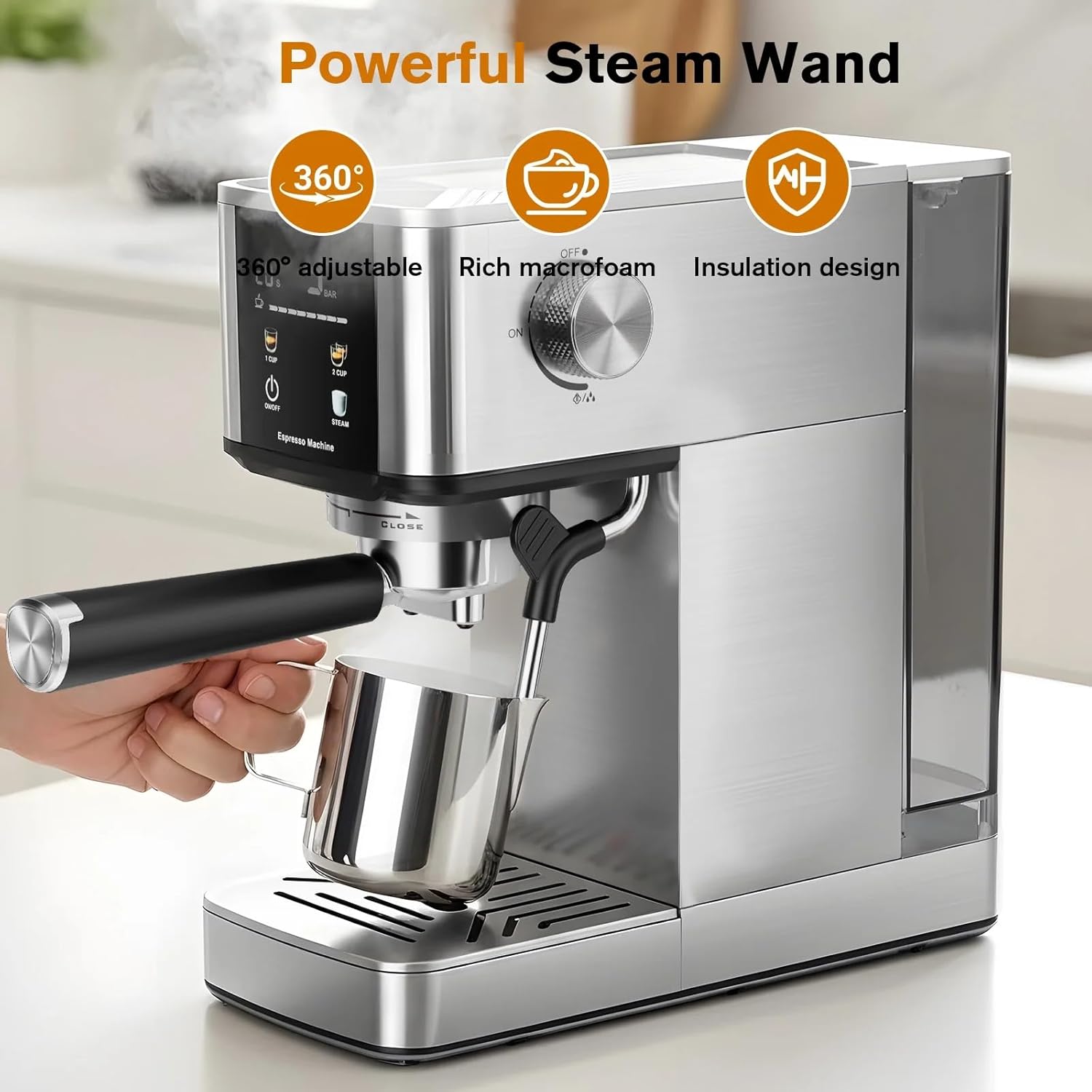 20-Bar Espresso Coffee Machine with Color Touchscreen, Milk Frother Steam Wand, 1.4L Removable Water Tank, Stainless Steel Espresso, Cappuccino & Latte Maker