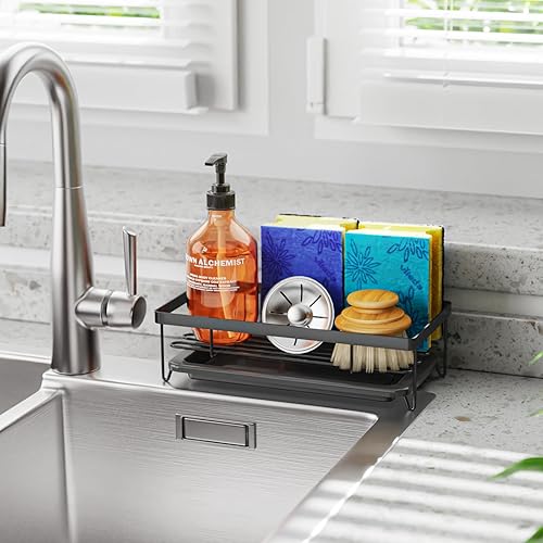 iSPECLE Organizador de esponja para fregadero de cocina organizador de fregadero de cocina escurridor de cepillo con bandeja de drenaje extraíble