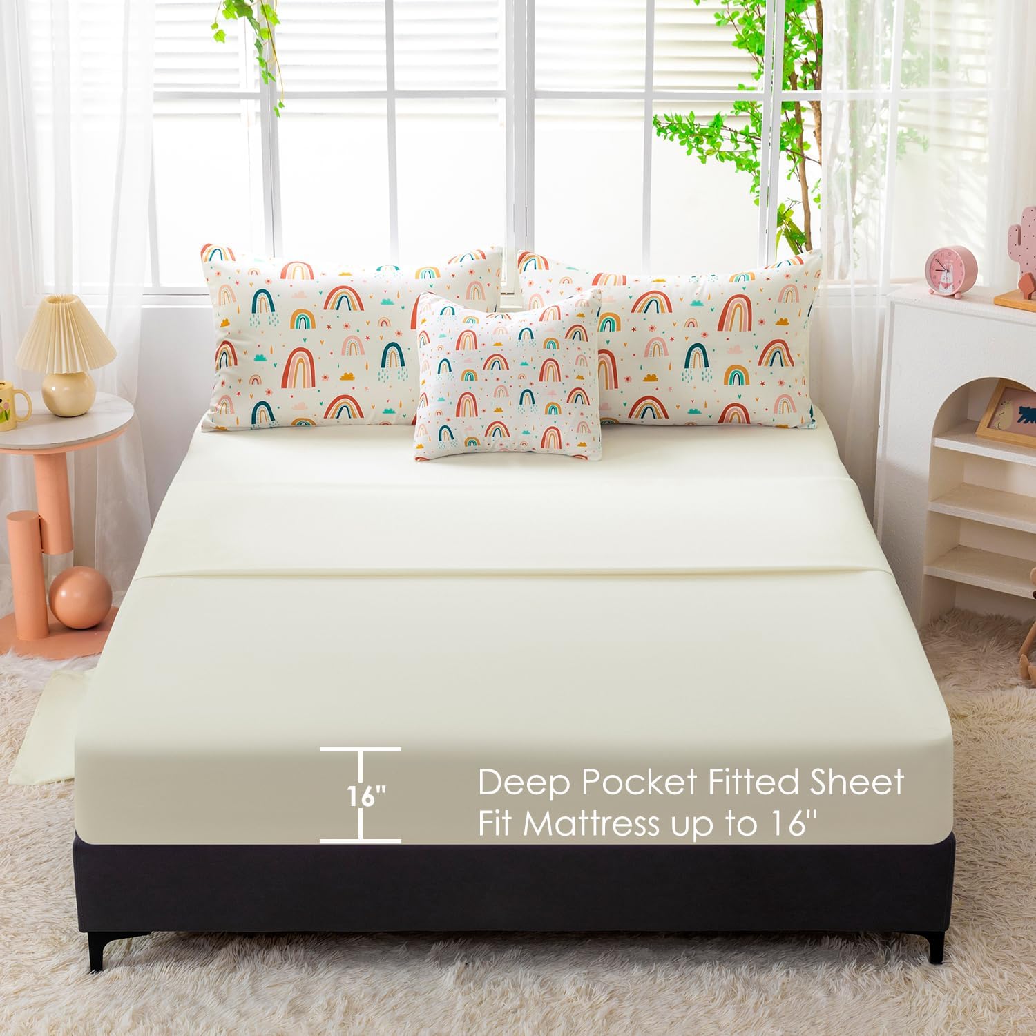 Rainbow Girls Bedding Comforter Set Full Size 6 Pieces Beige Bed in A Bag with Sheets Clouds and Flowers Printed Kids Bed Comforter Set (Beige Rainbow, Full) - Image 7