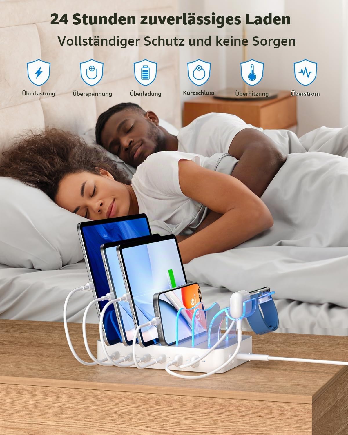 SooPii 90W USB C Ladestation für mehrere Geräte mit 6 Nylon Kurzen Kabels | 6-Port Multi Ladestationen mit PD 20W Ladedock für lPhone, Galaxy, iPad, Tablet und weitere elektronische Geräte,Weiß