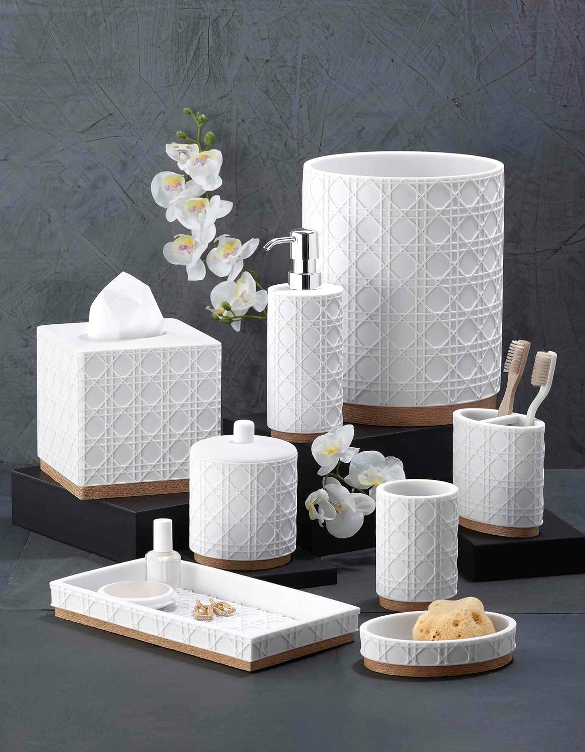 Nicole Miller - Accessory Set, 2-Piece Resin Lotion Pump & Toothbrush with Faux-Wood Base Design, Modern Home Decor (Lena Collection, White)