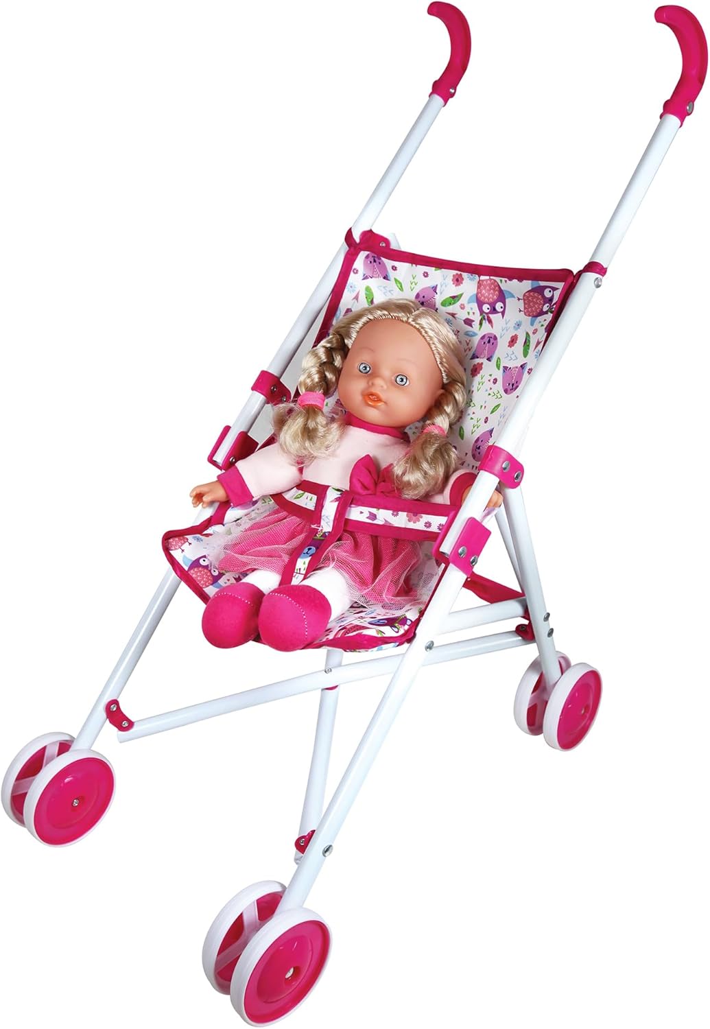 Lissi: 12" Doll Set: Stroller, Bed & Highchair - Blonde Hair - Pink-White-Animal - Feeding-Sleep-Travel Playset, Foldable Design, Kids-Toddlers Age 2+