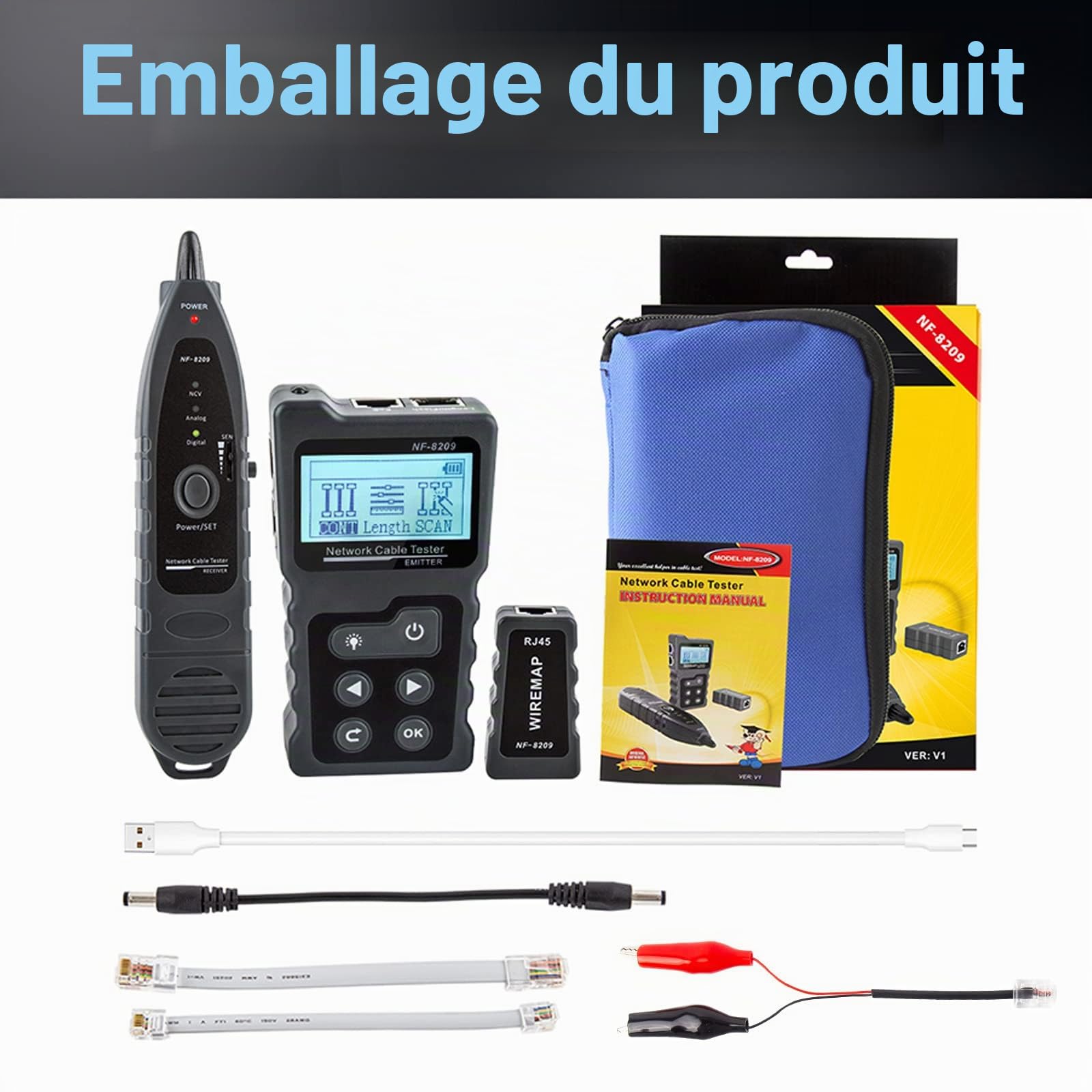 NOYAFA Testeur de câble avancé avec tracker de fil PoE multifonction câble de réseau testeur de câble pour te toner, kit d'outils avec sac sonde audio pour LAN CAT5 CAT6 Tracker