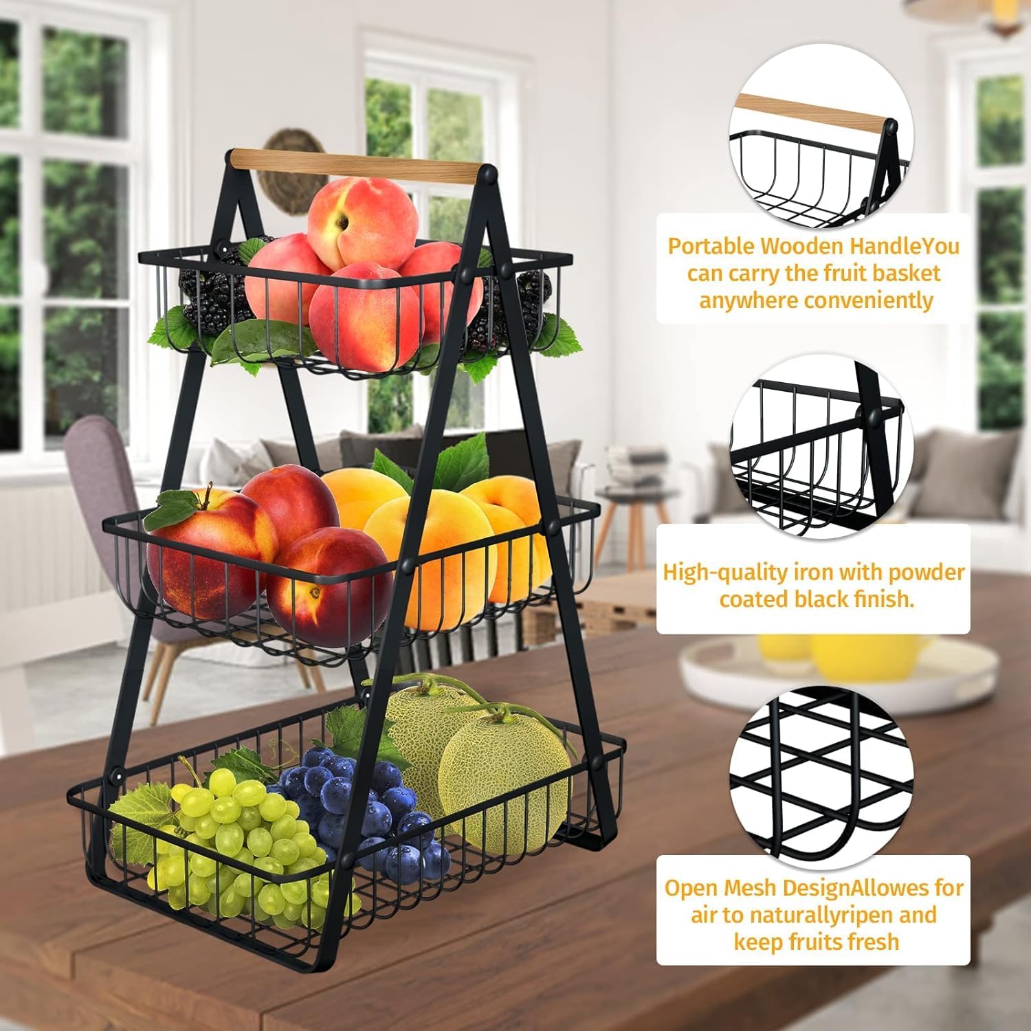 Yorbay Fruitetagère 3 Etages, Fruitmand Met Fruitschaal Van Metaal Voor Keukendecoratie Zwart 30 X 30 X 46 Cm
