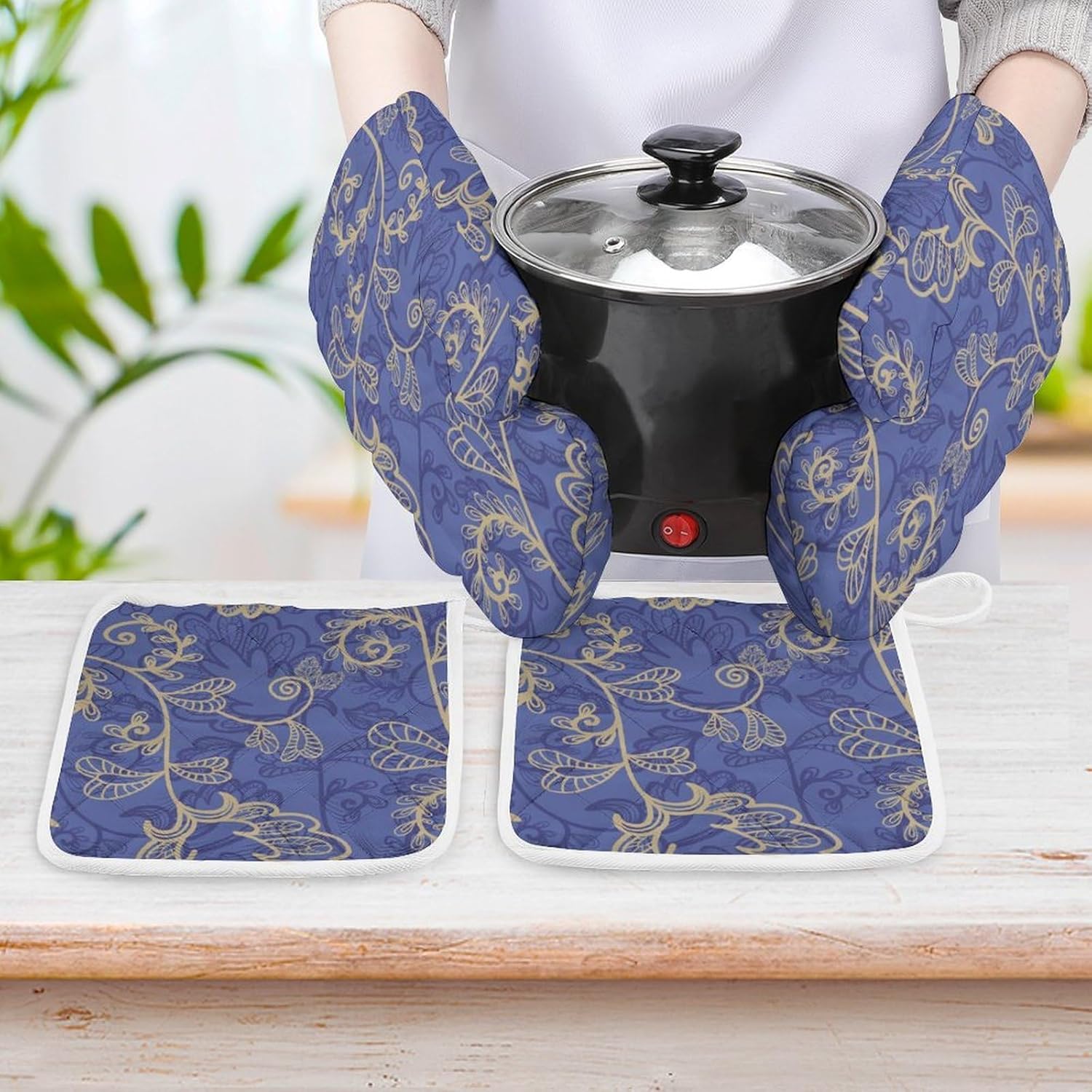 Romantic Flora Leaves Ornate Petals Oven Mitts and Pot Holders 4Pcs Set Heat Resistant Cooking Mitts Hot Pads