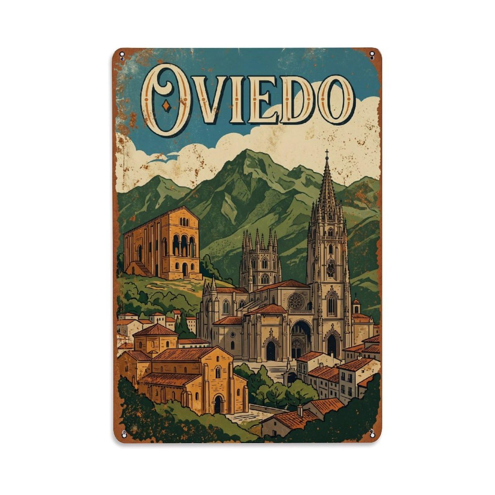 Cmhok Vintage Style Vintage Travel Oviedo Spain Metal Tin Sign Wall Decor For Cafe, Club, Garden Metal Poster 8X12inch