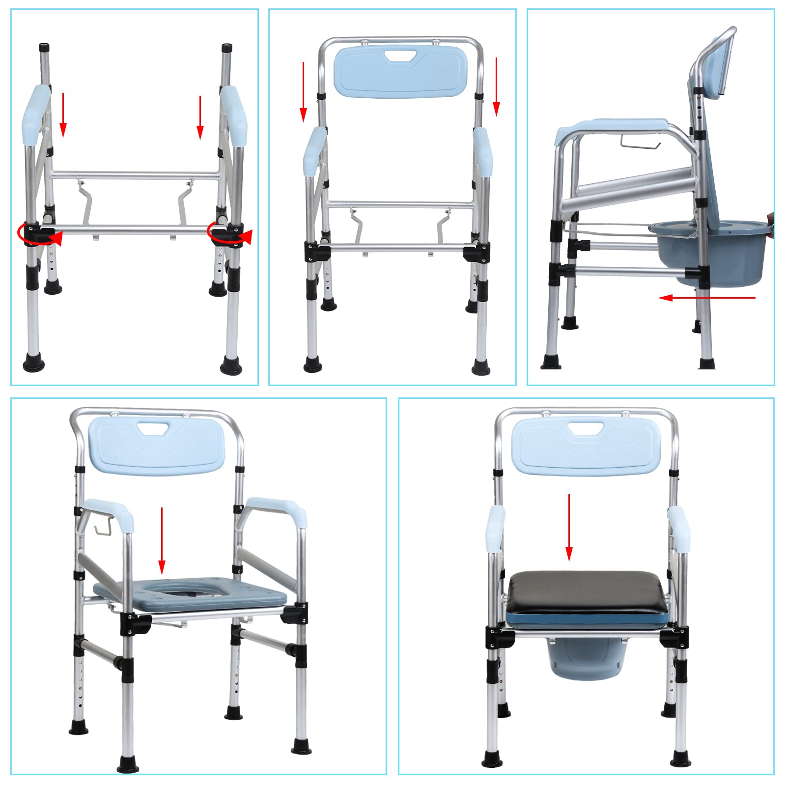 Ikodm Sedia per WC regolabile in altezza, antiscivolo, con seduta imbottita e secchio per WC, portata fino a 160 kg, per anziani e disabili, ecc