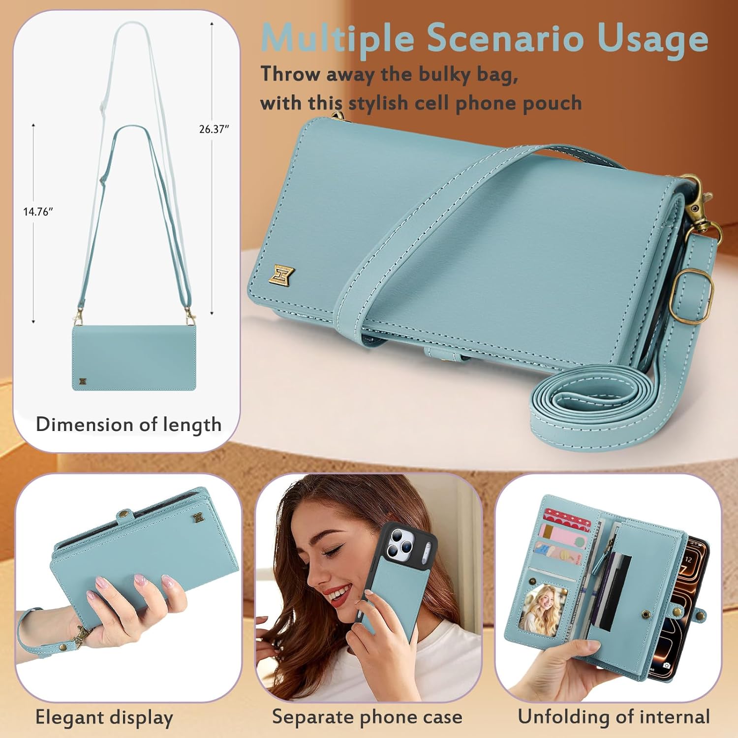 for Wallet Case Compatible with iPhone 17 Pro Max,Multi-Function Detachable 2 in 1 Magnetic iPhone 17 Pro Max Case Wallet,Flip Strap Zipper Card Holder Phone Case with Shoulder Straps (Blue)