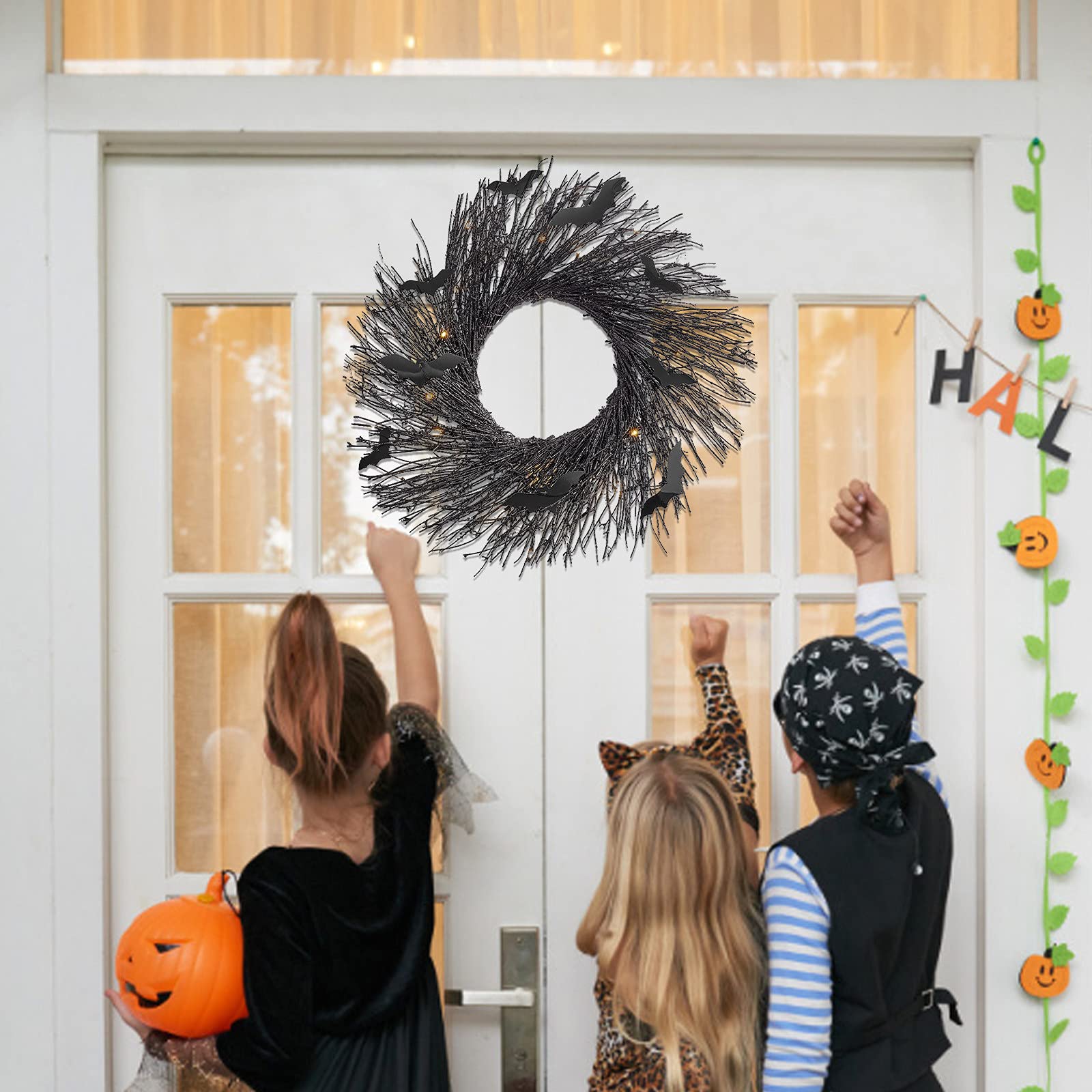 Halloween Krans voor Voordeur 16 Natuurlijke Zwarte Veren Krans Binnen Buiten Halloween Decoraties Home Party Decor voor Open Haard Venster Tuin Veranda