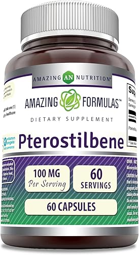 Amazing Formulas Pterostilbeno 100 mg por porción, 60 cápsulas de suplemento Sin OMG Sin gluten Fabricado en Estados Unidos