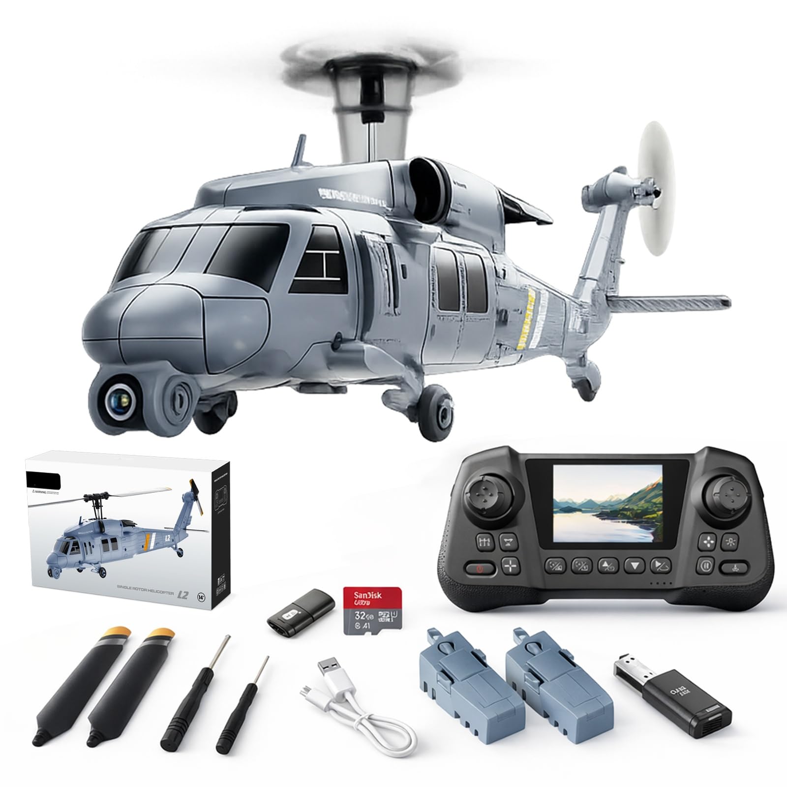 Elicottero radiocomandato 2.4G 6 canali con telecamera 8K e schermo integrato telecomando con 2 batterie luci a LED pronto al volo per adulti e ragazzi