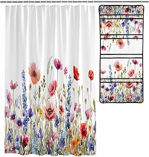 Floral Shower Curtain Mesh Shower Organizer Hanging Set Colorful Poppy W...