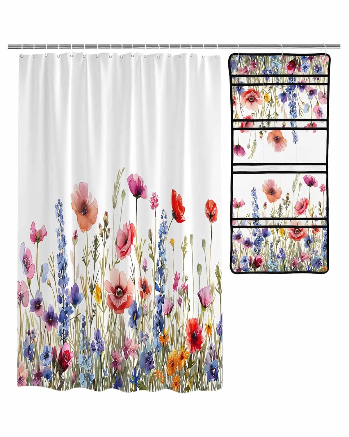 Floral Shower Curtain Mesh Shower Organizer Hanging Set Colorful Poppy Watercolor Waterproof Shower Curtains with 10 Pockets Quick