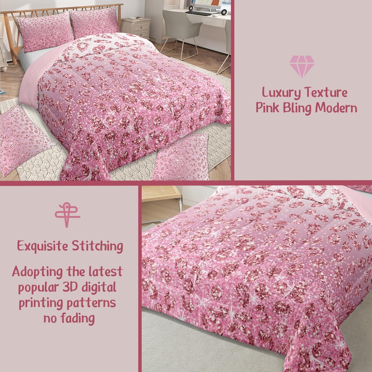 jejeloiu Diamond Sequins Comforter Dreamy Princess Style Bedding Set Boys Girls Teens Room Decor Gradient Pink Duvet Set Toddler Size Silver Shiny 2Pcs Breathable Soft Lightweight