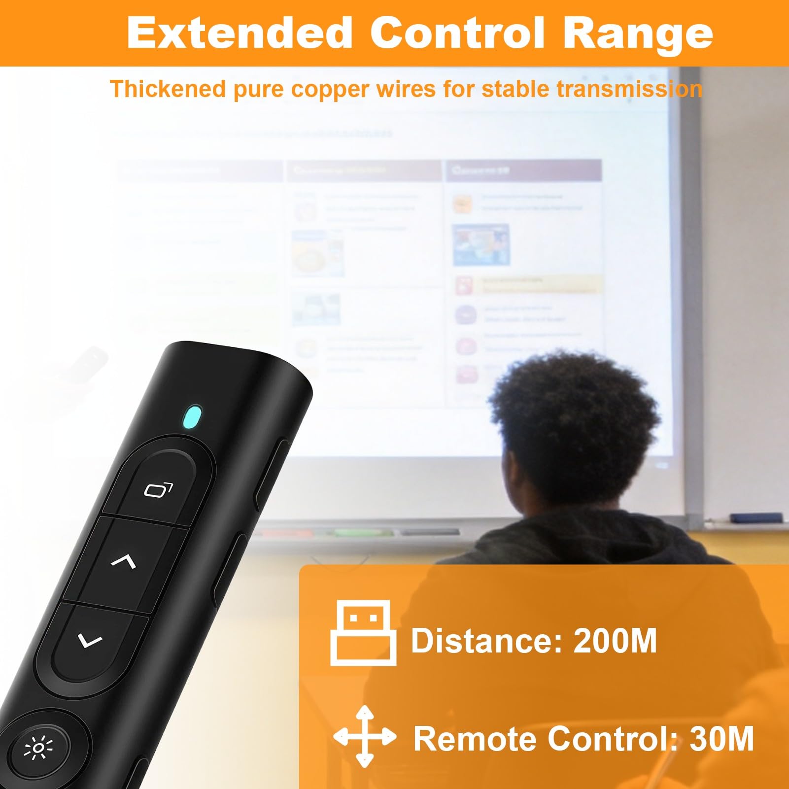 Télécommande Présentateur 2.4GHz USB sans Fil Rechargeable avec Hyperlien Contrôle du Volume pour Powerpoint Enseignement Bureau Mac PC Noir