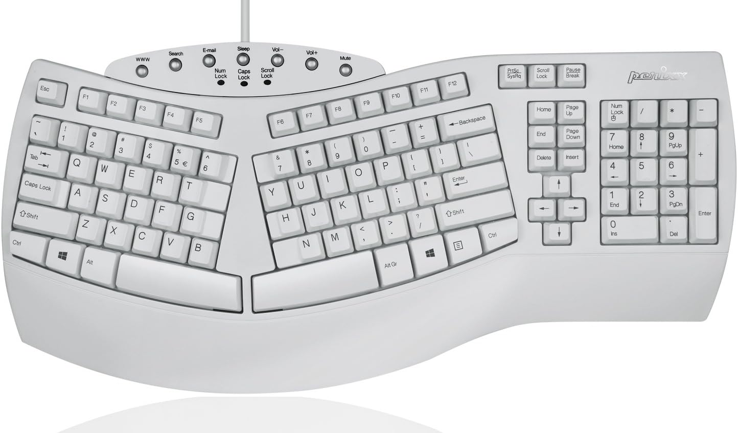 Perixx PERIBOARD-512 US Wired Ergonomic Split Keyboard – 104-Key Full-Size QWERTY Layout, Integrated Palm Rest, 7 Multimedia Hotkeys, Plug-and-Play USB (White)
