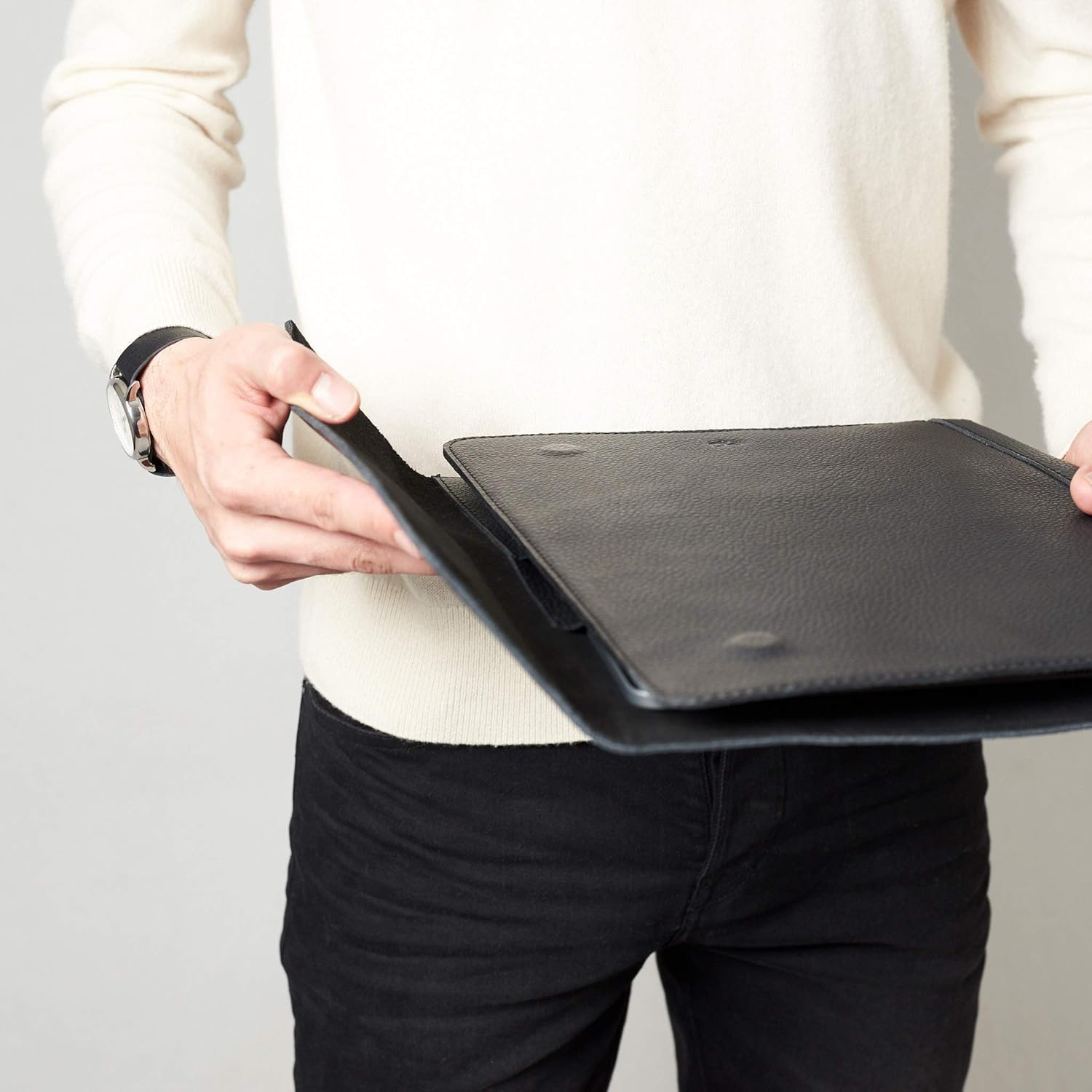 Black Leather Laptop Tablet Document Portfolio For Men, A4 File Holder Handmade case, Business Work Organizer. Letter Folio. Custom Monogram Gift