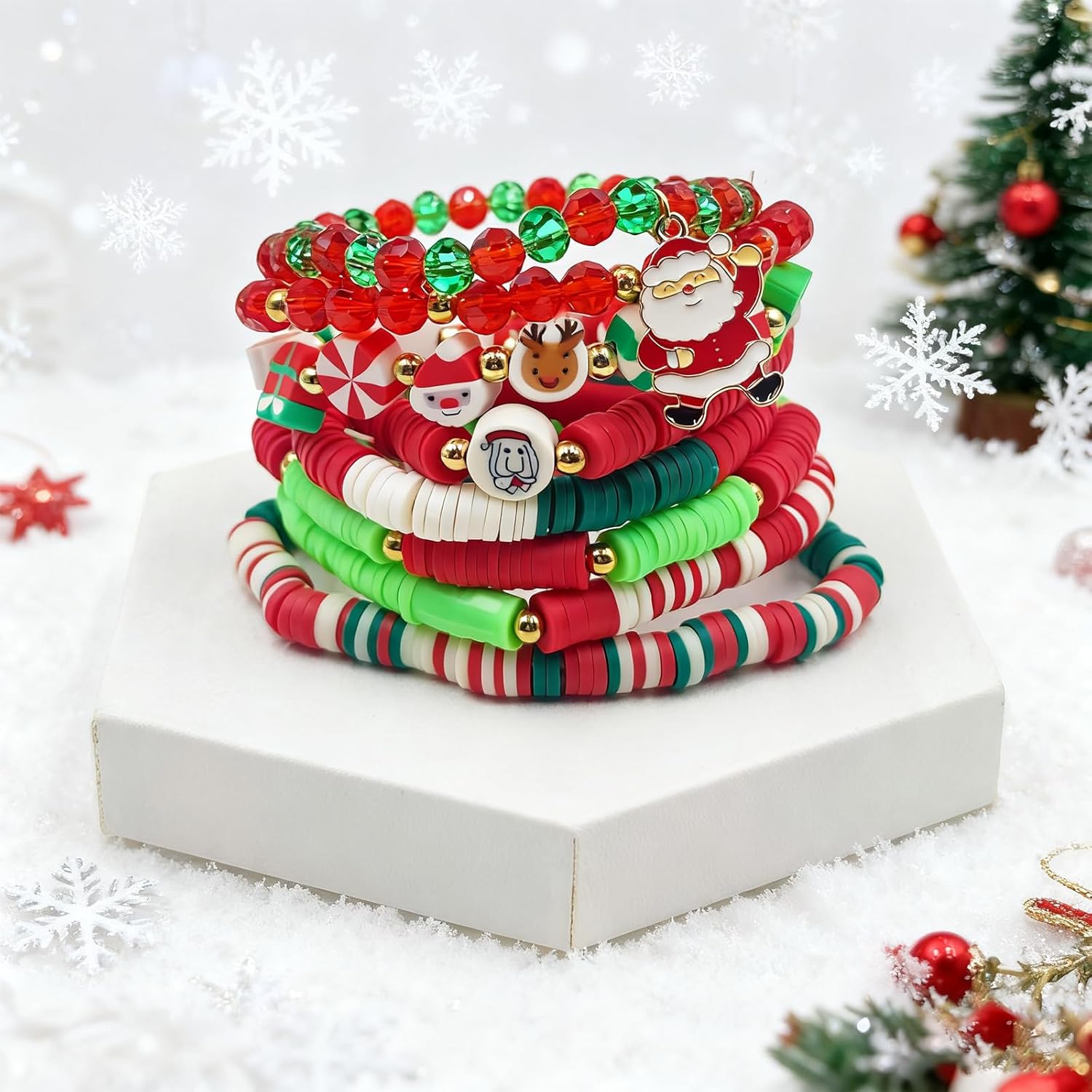 8 Pcs Christmas Friendship Bracelets for Women, Festive Clay & Crystal Stretchable Bracelet Set, Unique Xmas Tree Snowman Design, Perfect Christmas Gifts and Party Favors - Image 6