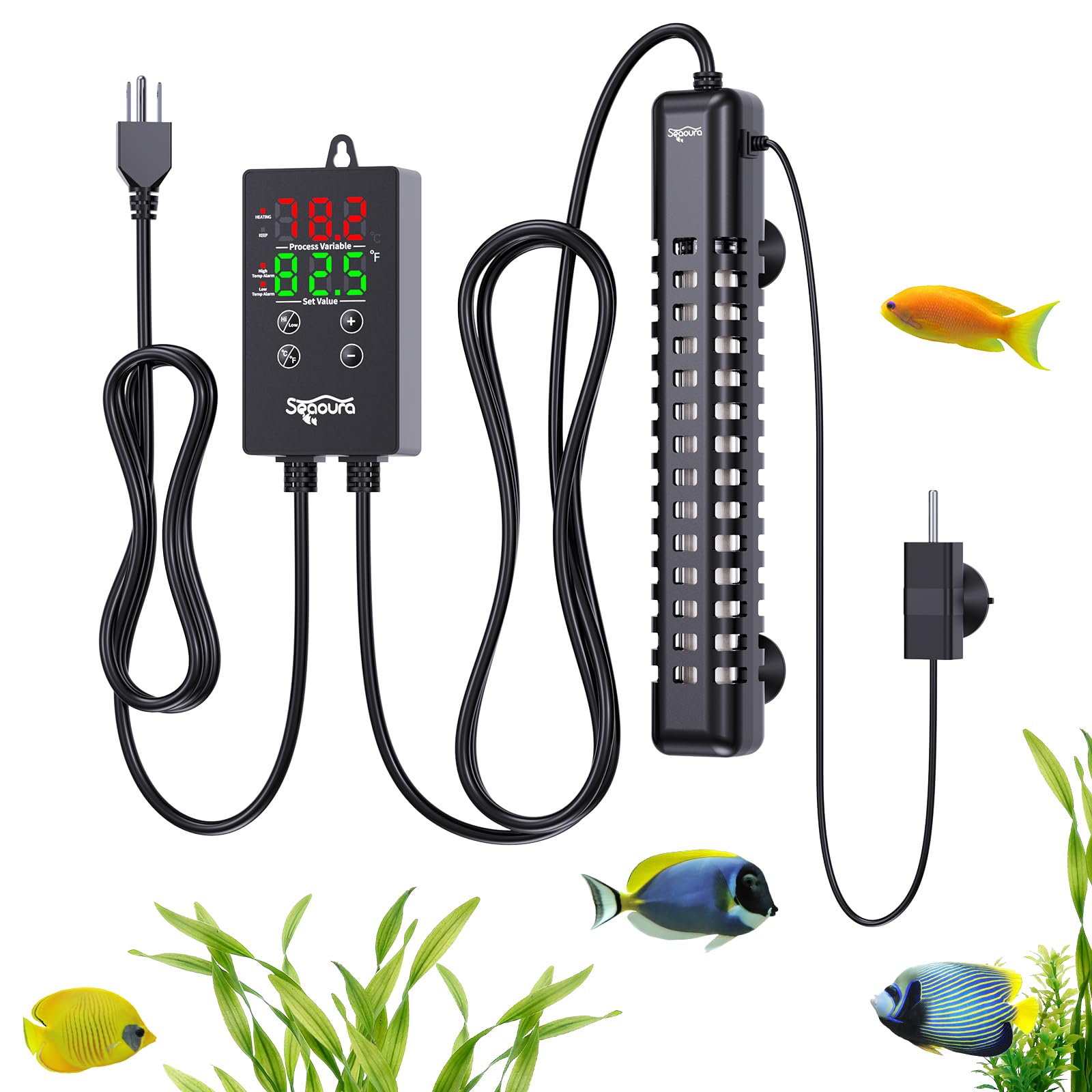 SEAOURA SEAOUR - Riscaldamento per acquario, 200 W, 105-170 l, con termostato, sensore di temperatura, temperatura alta e need, doppia protezione, funzione di memoria, acqua dolce/salata, 26,5 cm