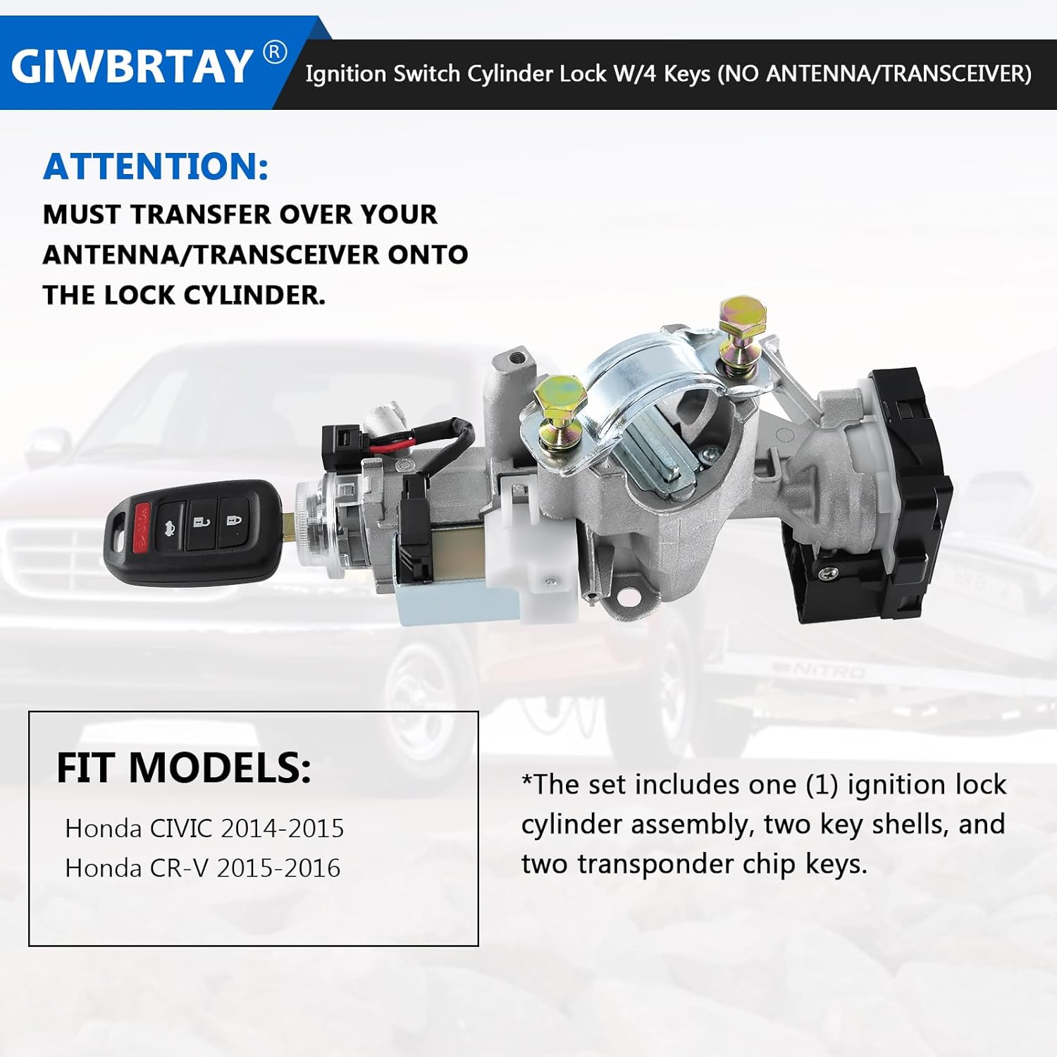 Compatible with Honda Civic 2014-2015, For Honda CR-V CRV 2015-2016 Ignition Switch Lock Cylinder Assembly (NO TRANSCEIVER) With Two Key Shells (NO Electronics, ONLY Key Shells) and Two Chip Keys