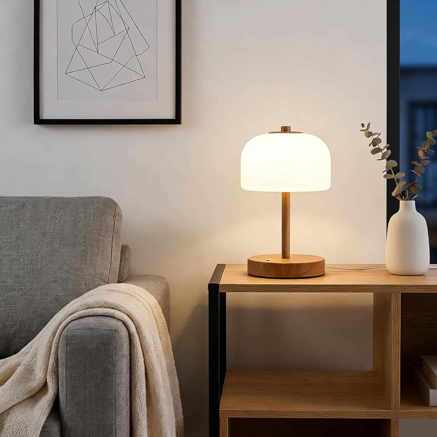 Oneach 9.5" Touch Control Table Lamp with USB A+C Charging Ports, Wood Grain Dimmable LED Bedside Lamp with 3 Color Temperatures, Small Modern Table Lamps for Bedroom Nightstand Living Room