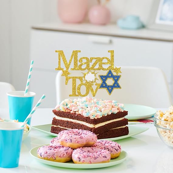 Talorine Mazel Tov Cake Topper, Jewish Birthday Cake Topper, Star of David Party, Gold Glitter