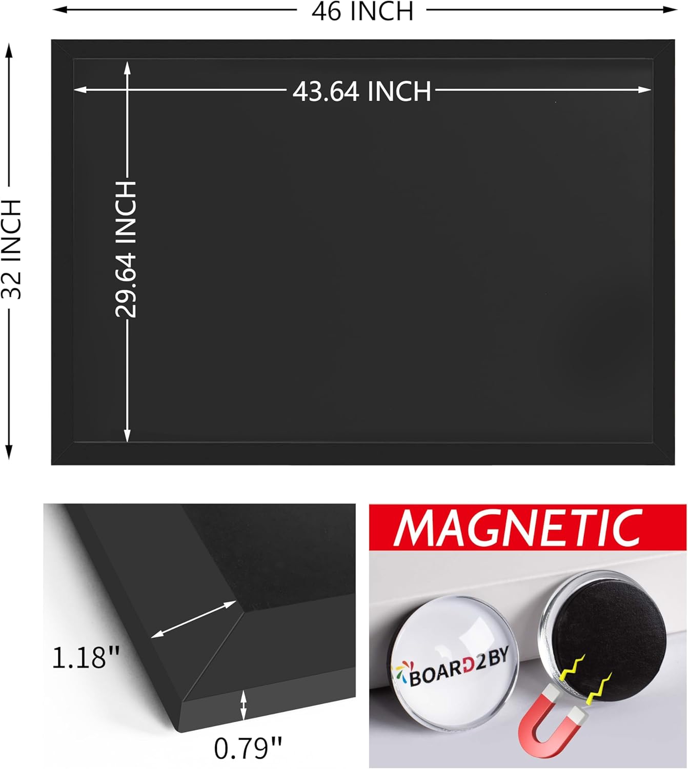 Board2by Magnetic Chalkboard Black Board 46 x 32, Extra Large Chalk Board Blackboard for Wall Decor, Easy-to-Erase Wood Framed Magnet Board, 4 Magnets for School, Home & Office (Classic Black)