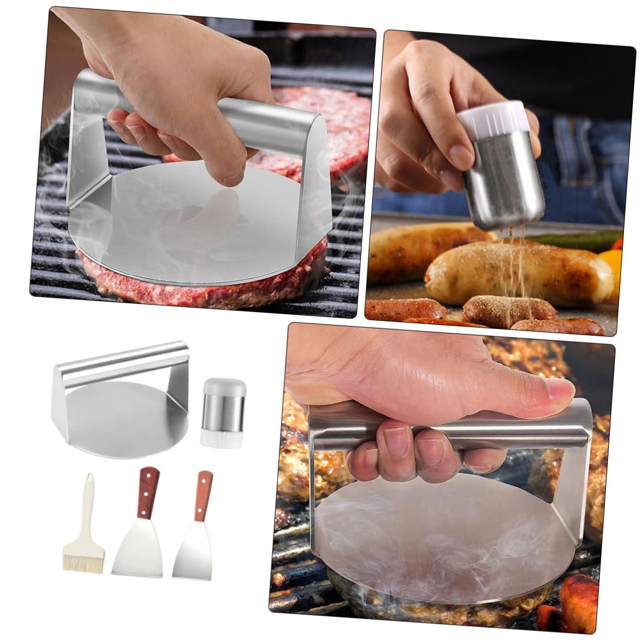 Set di Strumenti per Barbecue in Acciaio Inossidabile Legno e Silicone, Kit Grigliare Esterno per Carne e Verdure, Accessori per Bbq da Campeggio