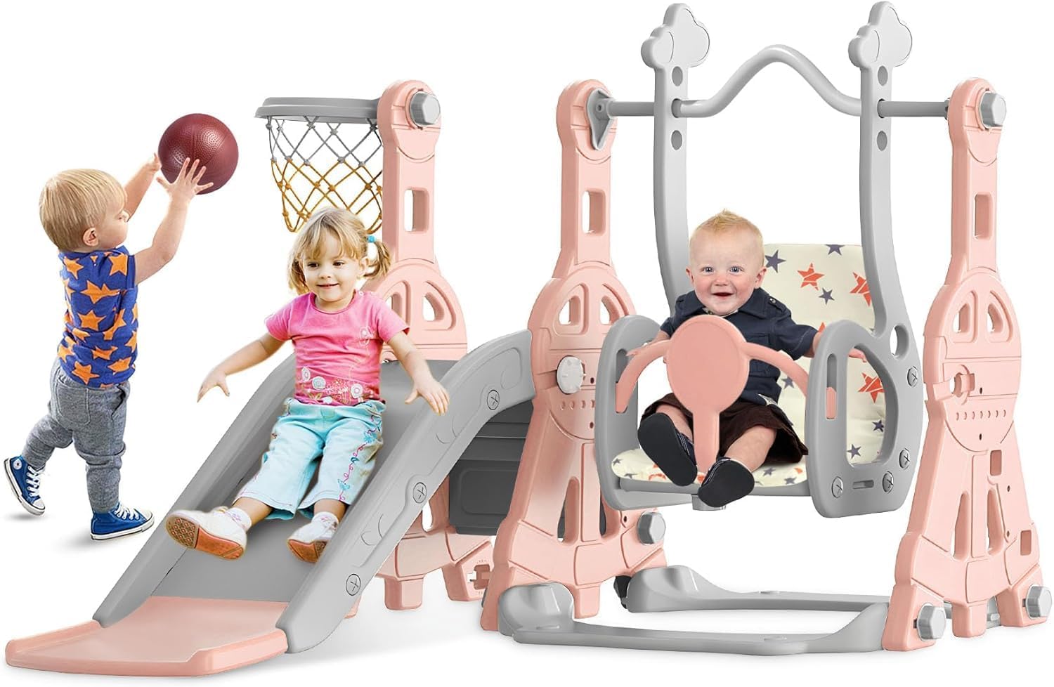 BIERUM 4 in 1 Toddler Slide and Swing Set, Baby Slide for Toddlers Age 1-2, with Basketball Hoop, Indoor Outdoor Toddler Playset Pink