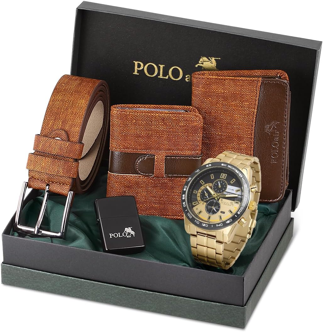 Polo Air Erkek Set Kombin Kemer Cüzdan Kartlık Çakmak Kol Saati Hediyelik Kutusunda Taba Set PL-0972E4