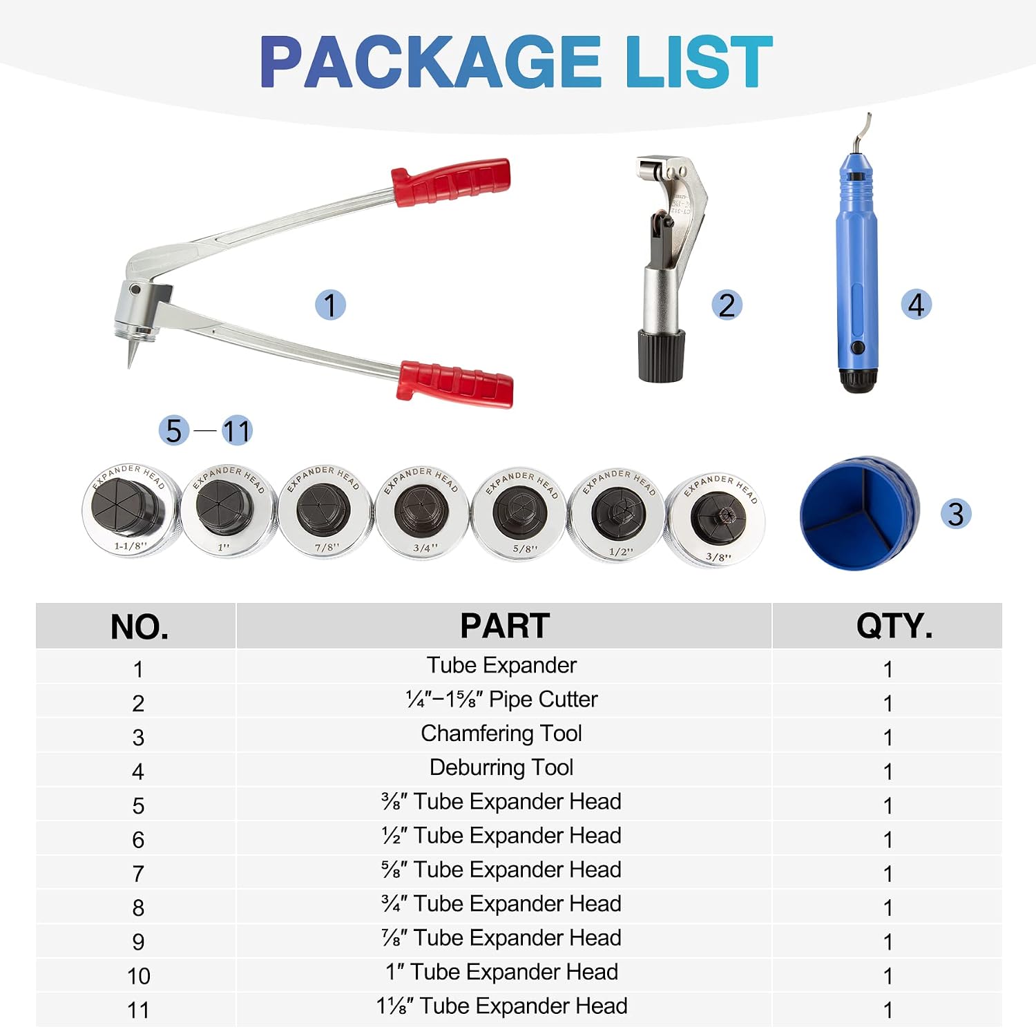 ZELCAN 11pc Tube Expander Tool Kit with Pipe Cutter, Deburring Tool, Chamfering Tool, 7 Expander Heads 3/8" to 1-1/8" | Tube Expanding Tool Kit for Aluminum Pipes, Copper Pipes