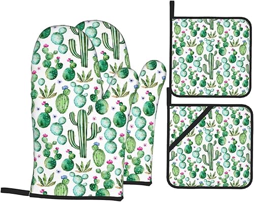 Juego de 4 guantes de horno de cactus y soportes para ollas, juego de guantes de cocina con flores de cactus, resistentes al calor, plantas de