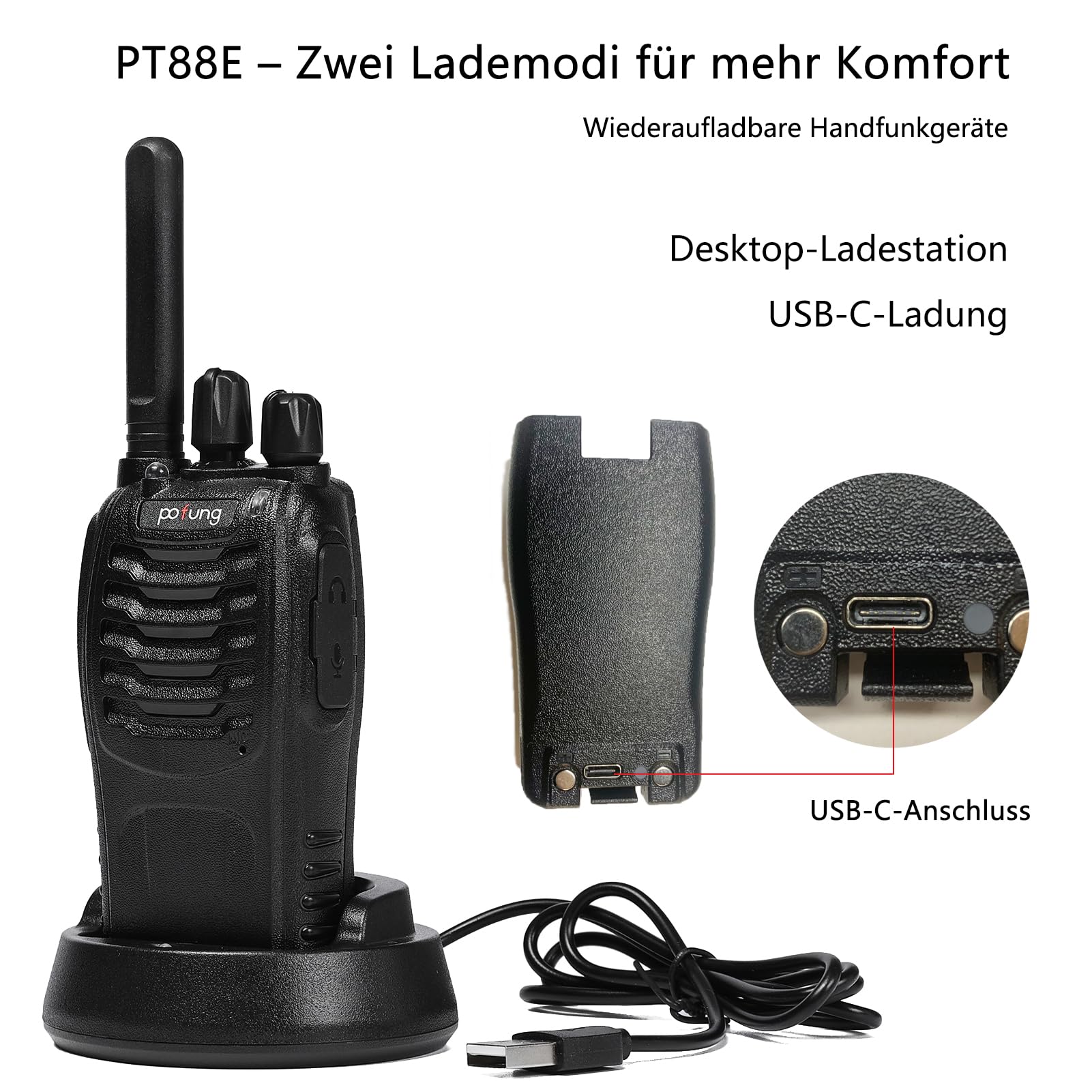 Walkie Talkie PMR446 Lizenzfreies Zwei-Wege-Funkgerät pofung PT88E 10 Stück | 16 Kanäle Professionelle wiederaufladbare Walkie Talkies großer Reichweite USB-Ladestation und Hörmuscheln Baustelle Schwarz