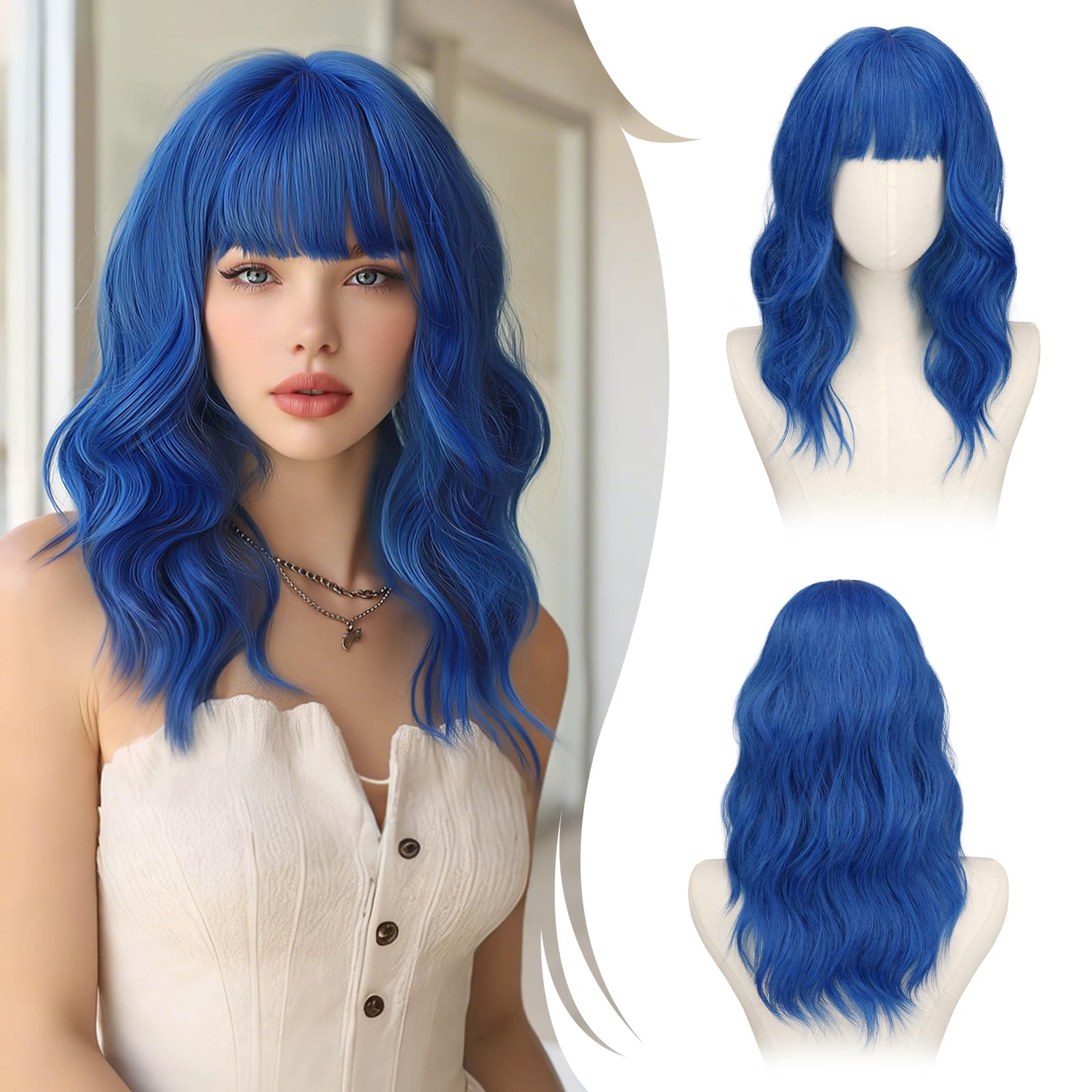 RUWISS Peluca Verde Apagado Ondulada con Flequillo para Mujer, 50 cm Shoulderlongitud Peluca de pelo Sintético en Capas Pelucas con Volumen Natural para Diario y Fiesta — view 15