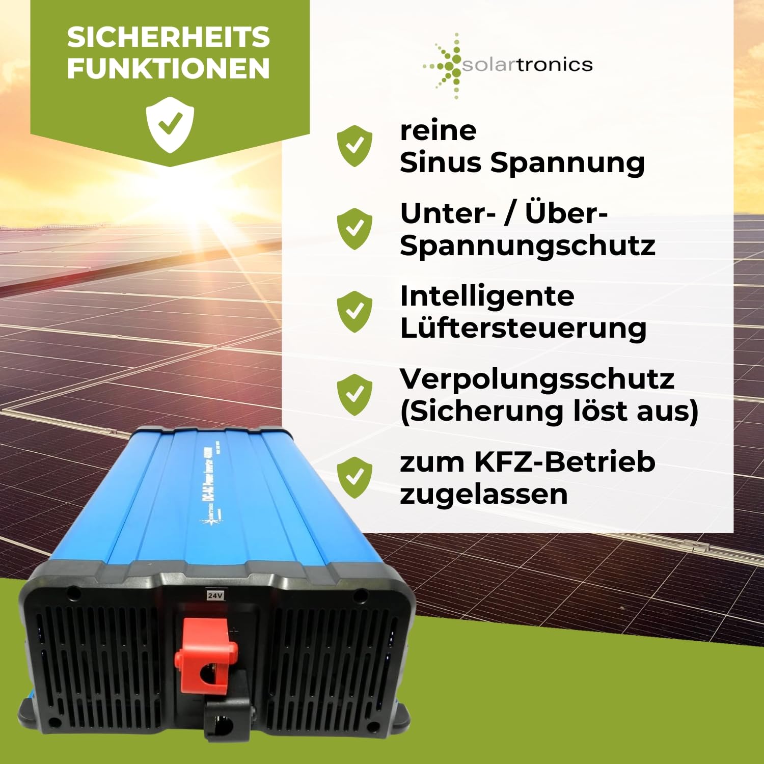 solartronics FS4000DR przetwornica napięcia 24 V na 230 V 4000 W, czysta sinusoida, niebieski falownik solarny bez pilota zdalnego sterowania
