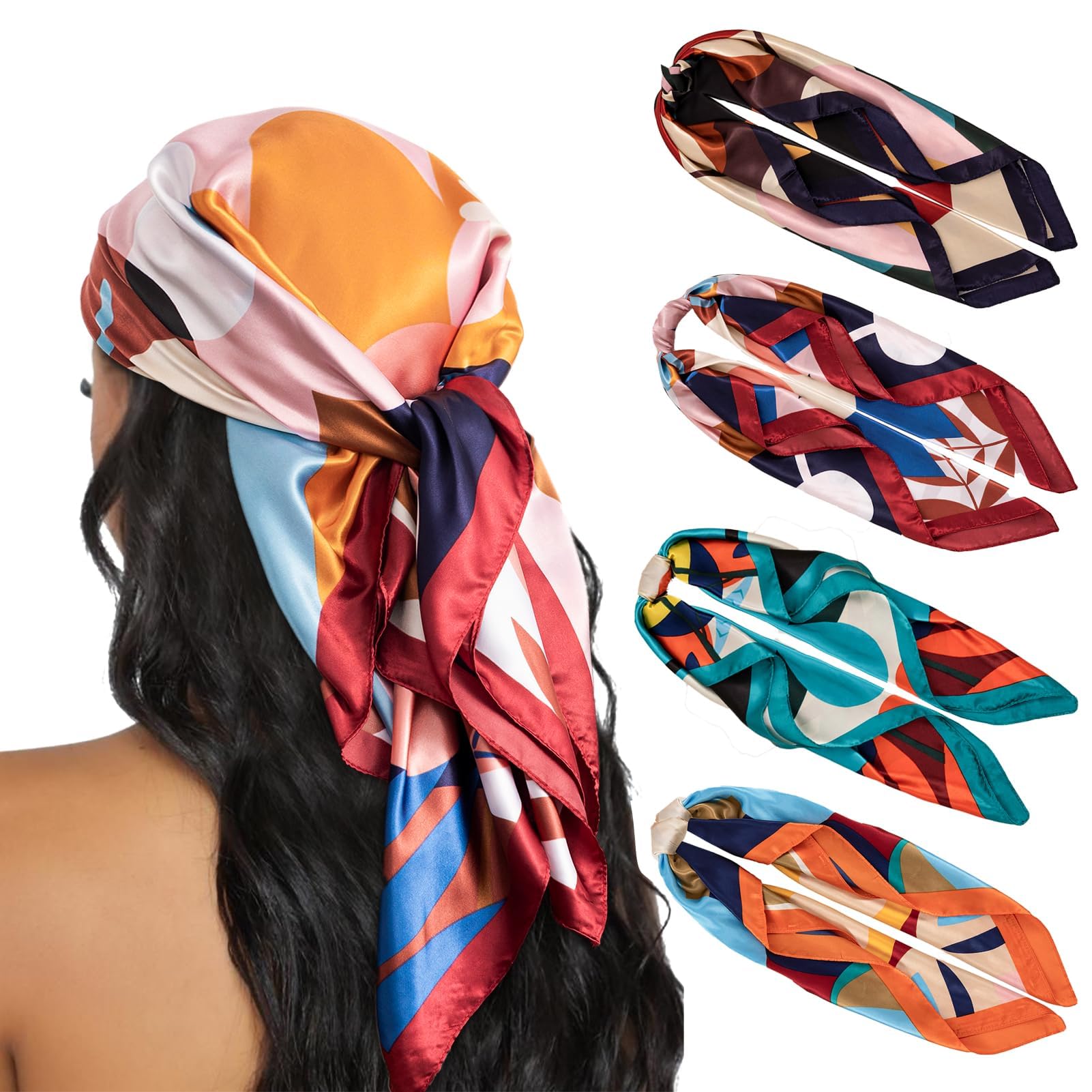 HBselect 4 Stk. Kopftuch für Frauen Schlaf 35“ Quadrat Schals für Damen Bandanas Haartuch Halstuch Haarschmuck Satin Schal Seidentuch für Haar 90×90cm