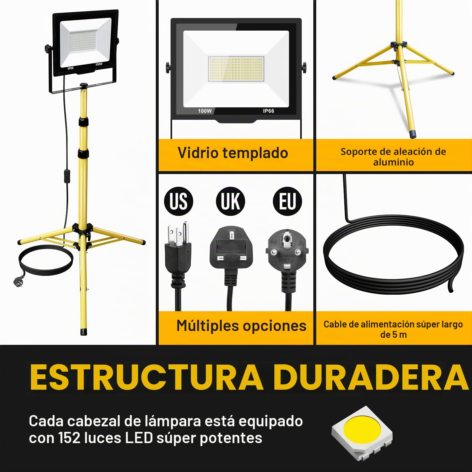 Willpower Focos LED Trabajo Portátil 100W, Proyector LED con Trípode Telescópico 10000LM Foco de Construcción IP66 para Obras Fiestas Jardín Garaje Interior Exterior, 3M Cable con Enchufe, 6000K