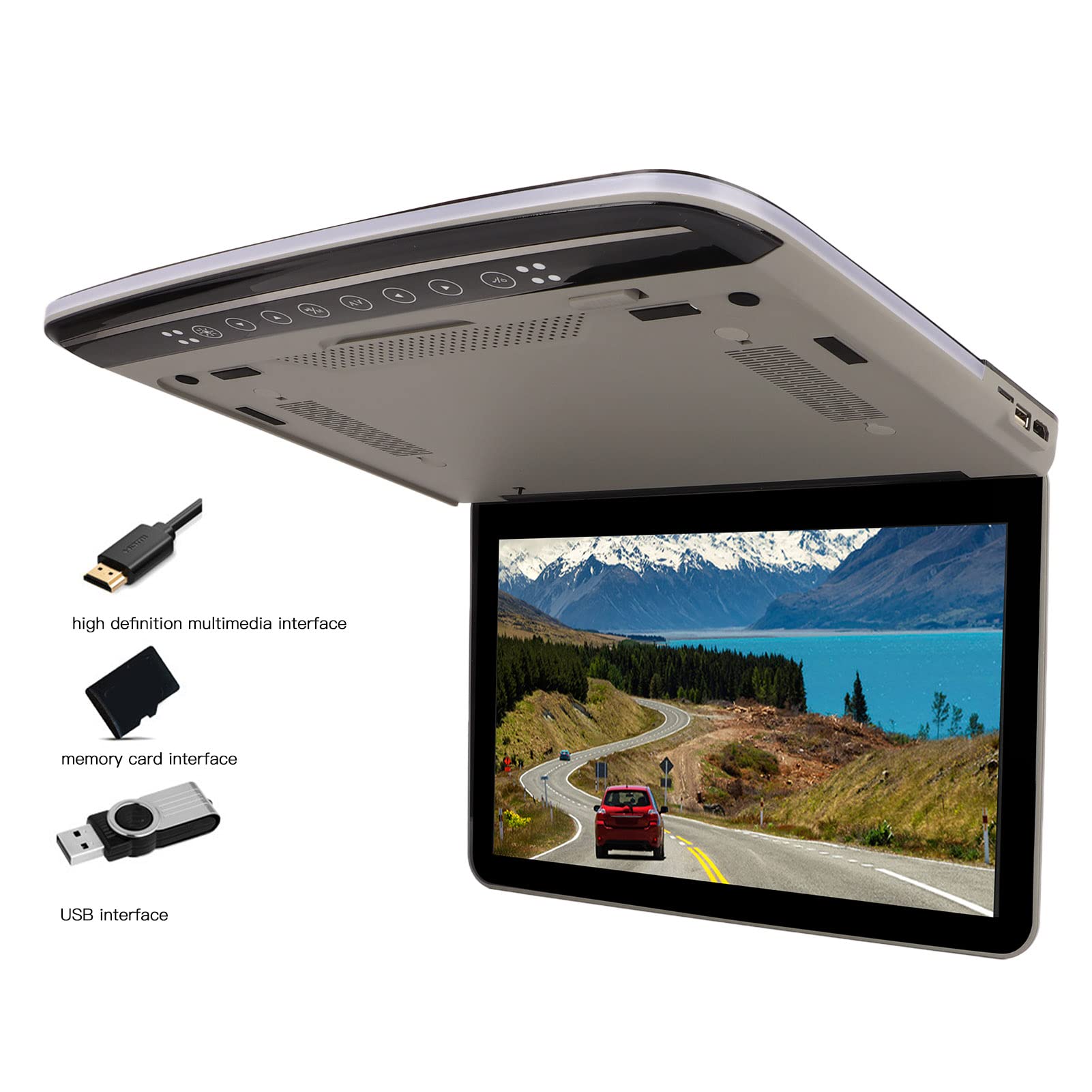 PUSOKEI TV pour Voiture, Moniteur de Voiture 13,3 Pouces avec écran de Lecteur de Voiture 1080p, écran monté sur Le Toit avec Lumière Bicolore pour Bus, SUV, Angle Réglable (Gris)