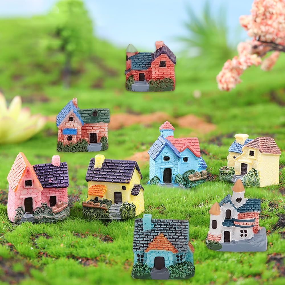 CREATCABIN 8 Pcs Colorful Miniature House Mini House Micro Landscape Tiny Resin Craft Figurines Decoration Plant Pot Fairy Garden Ornament Kit for DIY Mini Garden Outdoor Table Decor Accessories