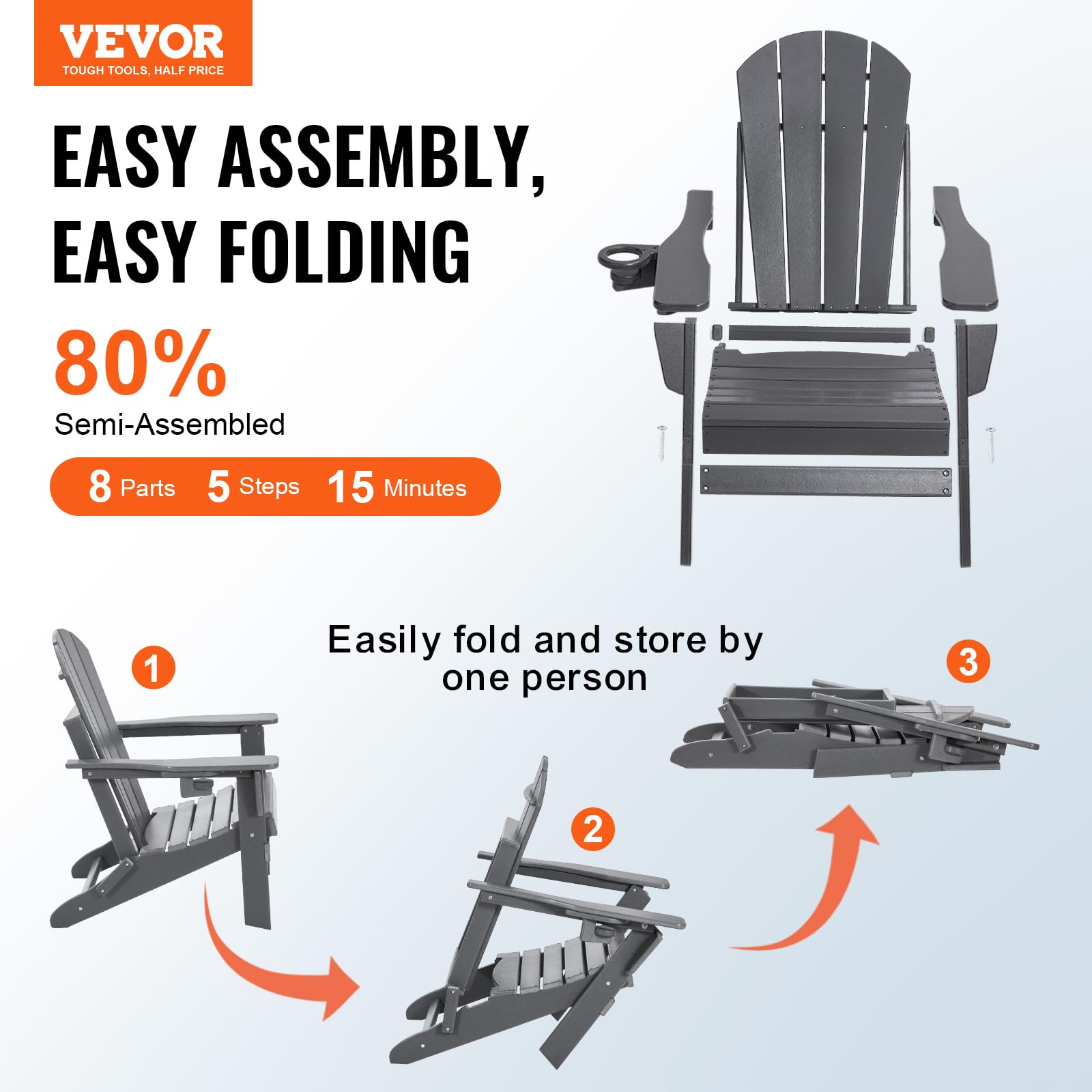 VEVOR Chaise Adirondack en Plastique, Lot de 2, Fauteuil de Jardin Pliant Portable, Charge 181,4 kg, avec Porte-Gobelet, Accoudoir Relaxant, pour Toutes Saisons, Extérieur, Patio, Arrière-Cour, Gris