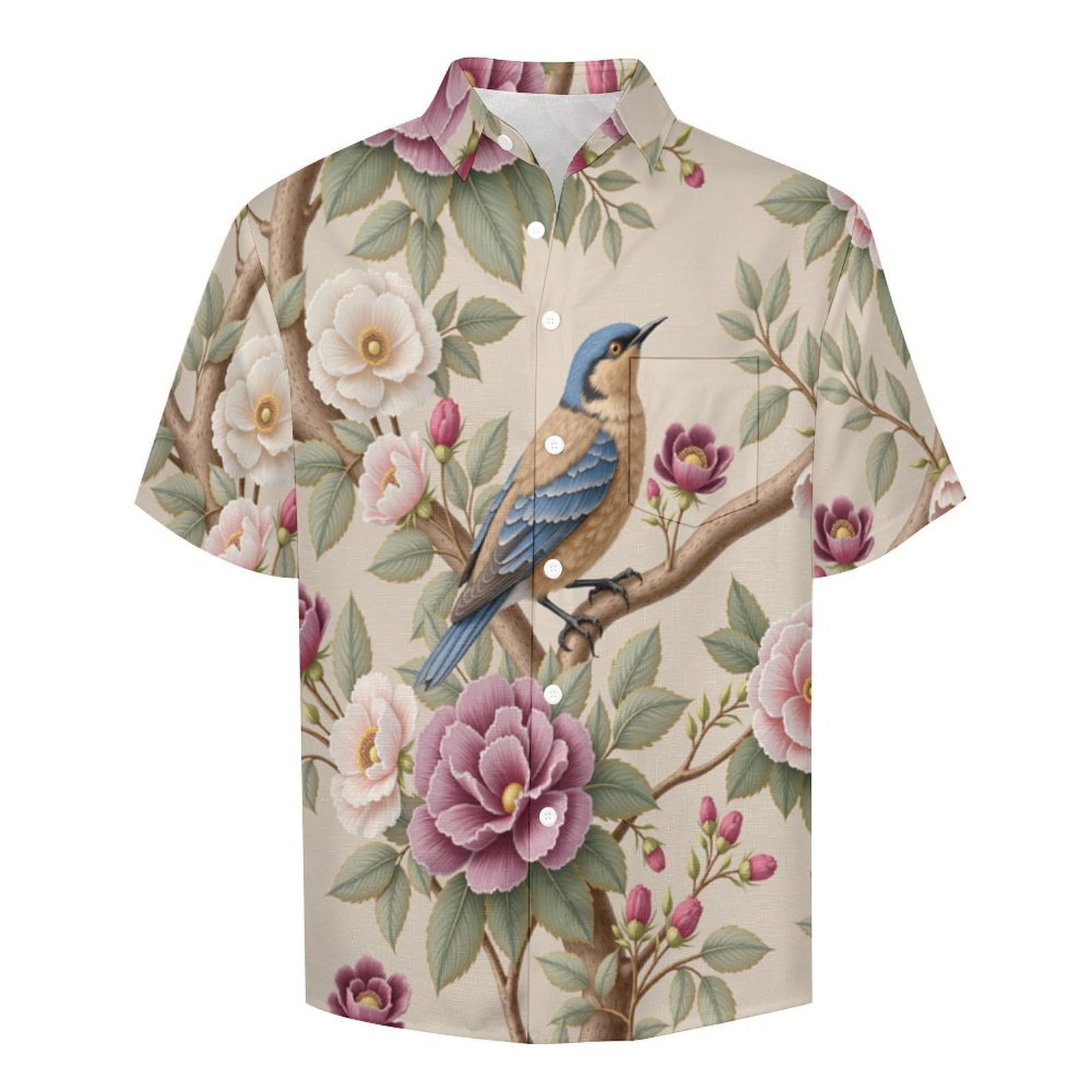 Camicie da Uomo a Maniche Corte con Stampa della Fiori Uccelli Rami D'Albero Stile Cinese, Casual Leggere Bottoni Camicia con Tasca Frontale, per Vacanze Spiaggia Estate