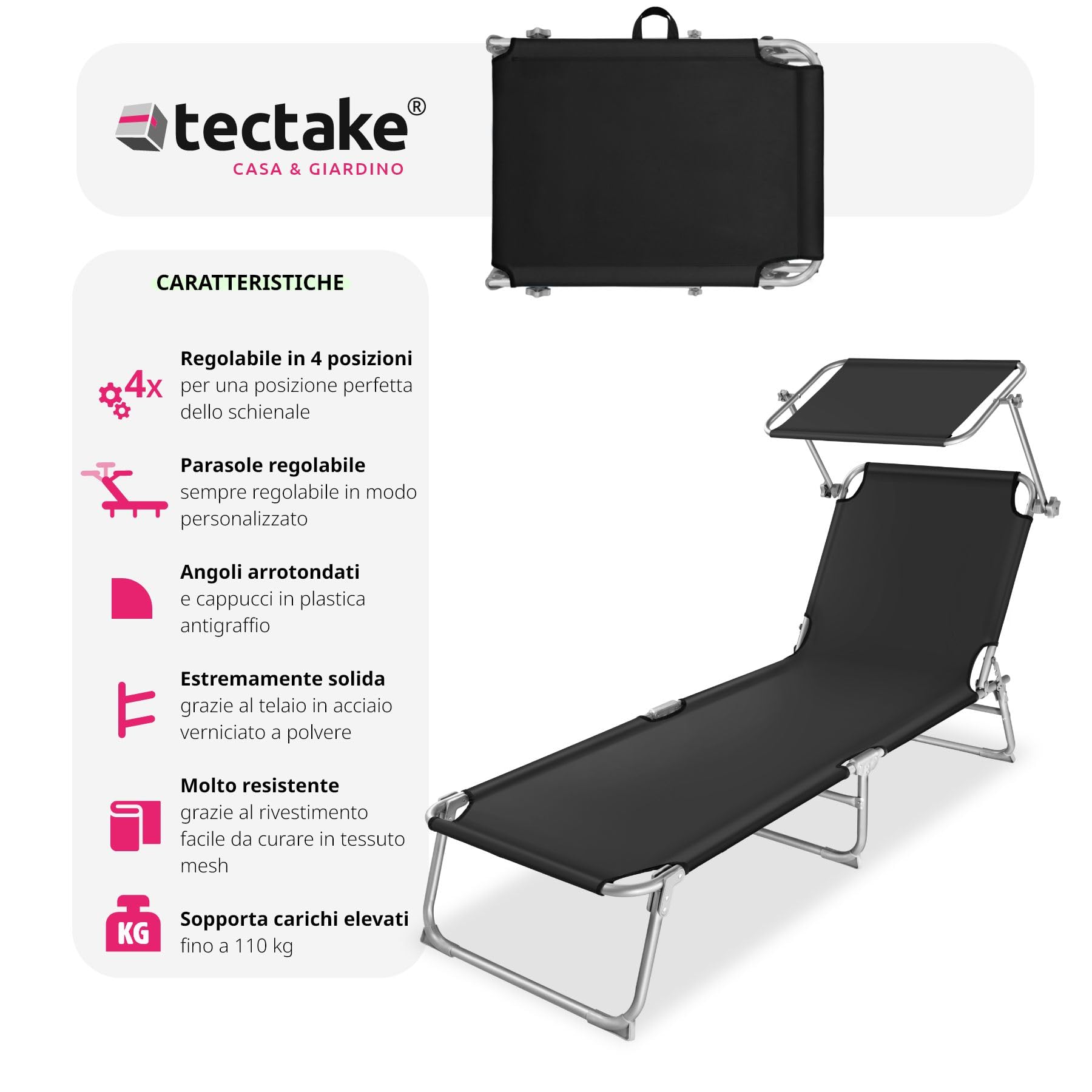 tectake® Lettino a Sdraio per Prendere Il Sole con L'Ombrello Parasole 190cm, Lettino Pieghevole, Sdraio da Spiaggia, Lettino da Sole, Sdraio da giardino, Arredamento Terrazzo Balcone- nero