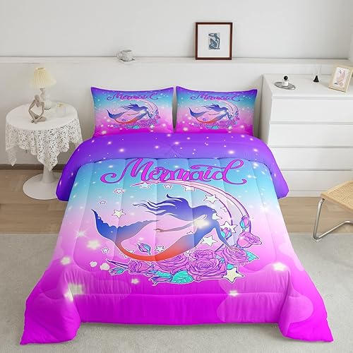 Erosebridal Juego de ropa de cama de sirena tamaño King para niñas, juego de edredón femenino de arco iris, vida oceánica, edredón acolchado de