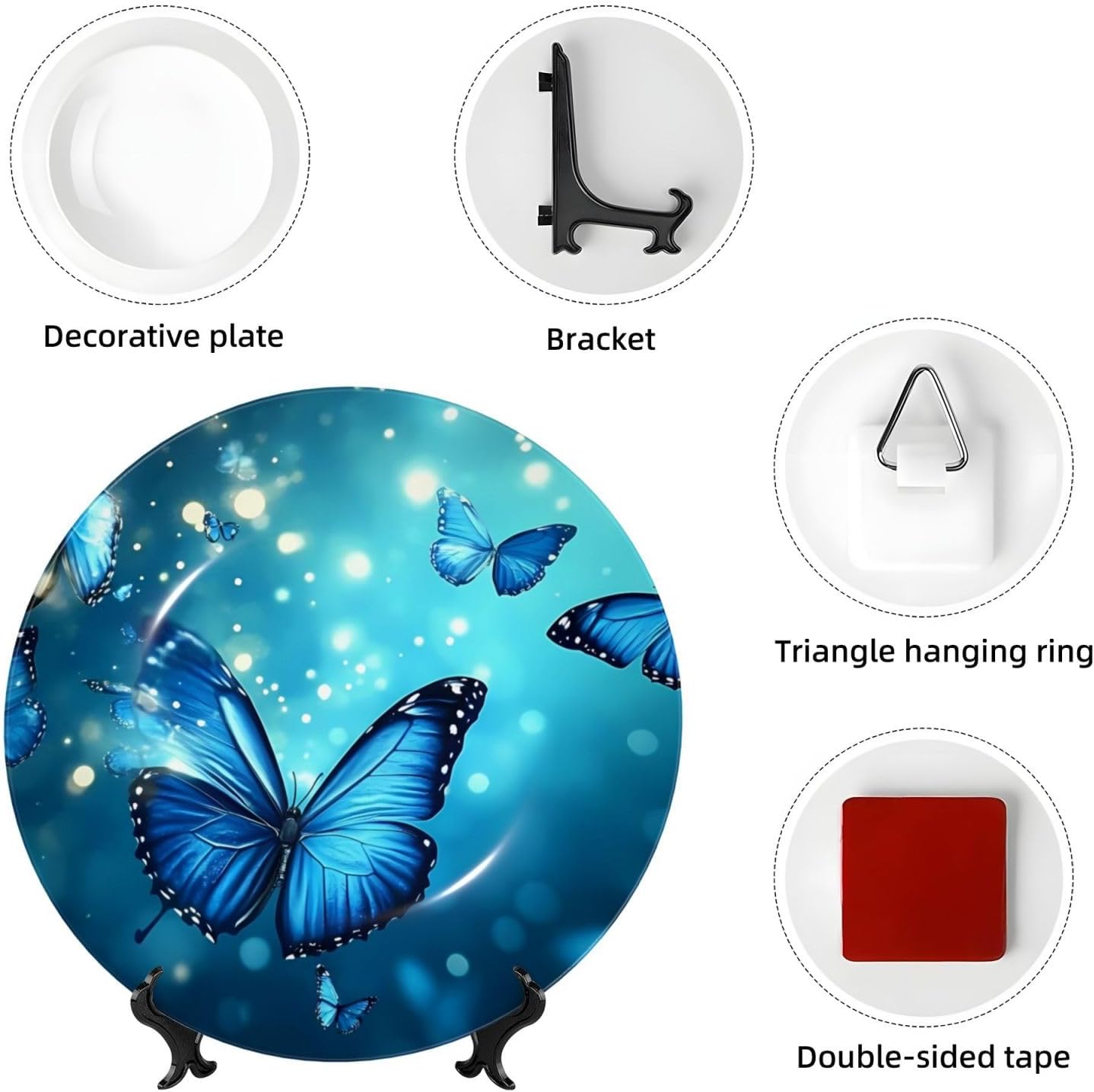 Blue Butterflys Style Ceramic Plate Display Home Display With Stand Wall Hanging Plate For Home Decor 10 Inch