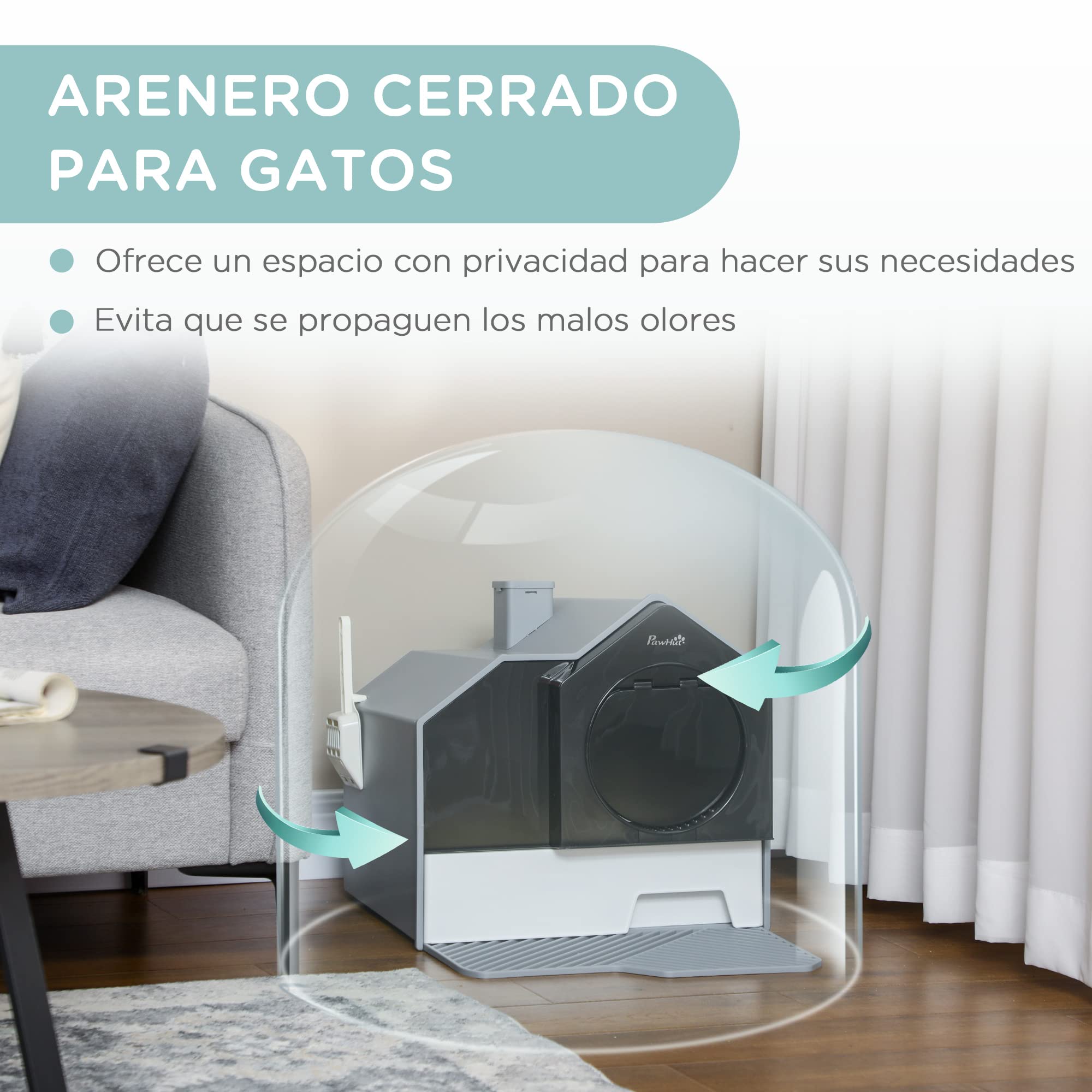 PawHut Arenero Cubierto para Gatos Bandeja Extraíble 47x45x42 cm Gris | Caja de Arena Cerrada para Gatos, Pala, Pedal Exterior, Filtro Desodorizante