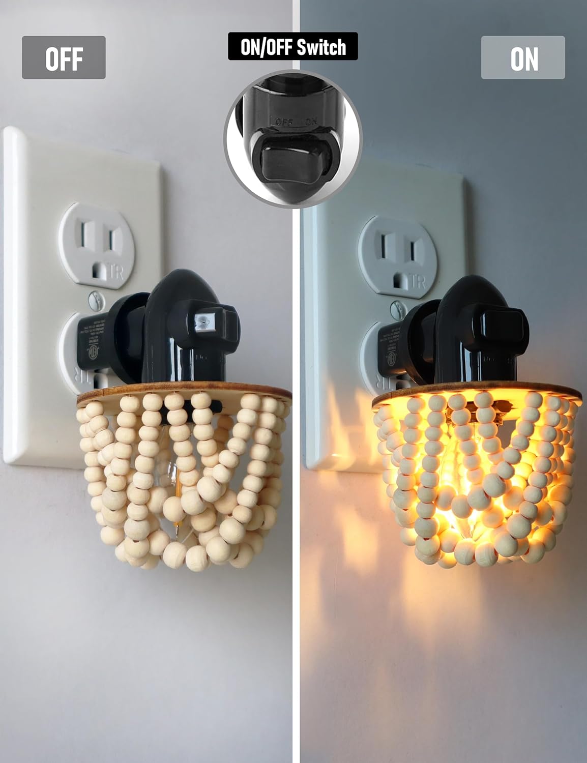 Bohemian Plug in Night Light with Switch, 2-Pack Boho LED Night Lights Plug into Wall Socket, Soft Warm Baby Nursery Nightlight with Wooden Beads Lamp Shade for Adult Kids Room Bathroom Hallway